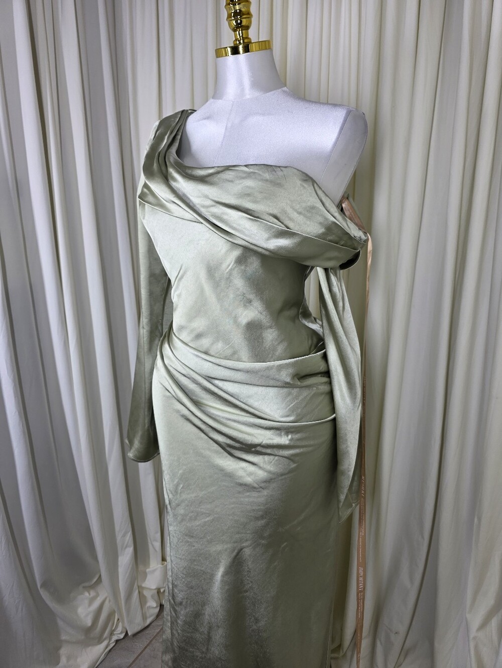 Meshki Iris Maxi Dress - Sage Satin One-Shoulder Long Sleeve XL NWT $259 - Picture 6 of 12